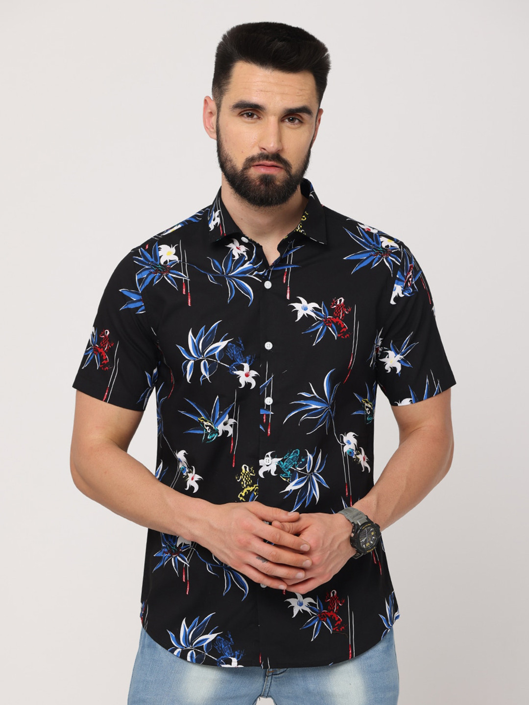

FLY 69 Premium Slim Fit Floral Printed Pure Cotton Casual Shirt, Black