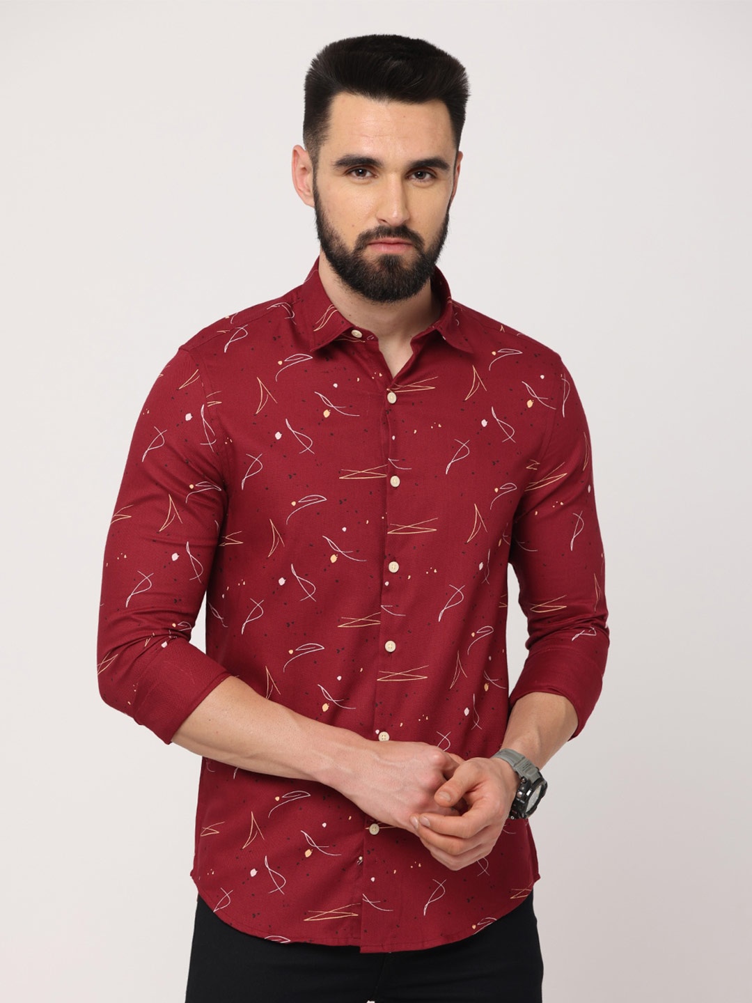 

FLY 69 Premium Slim Fit Abstract Printed Pure Cotton Casual Shirt, Red