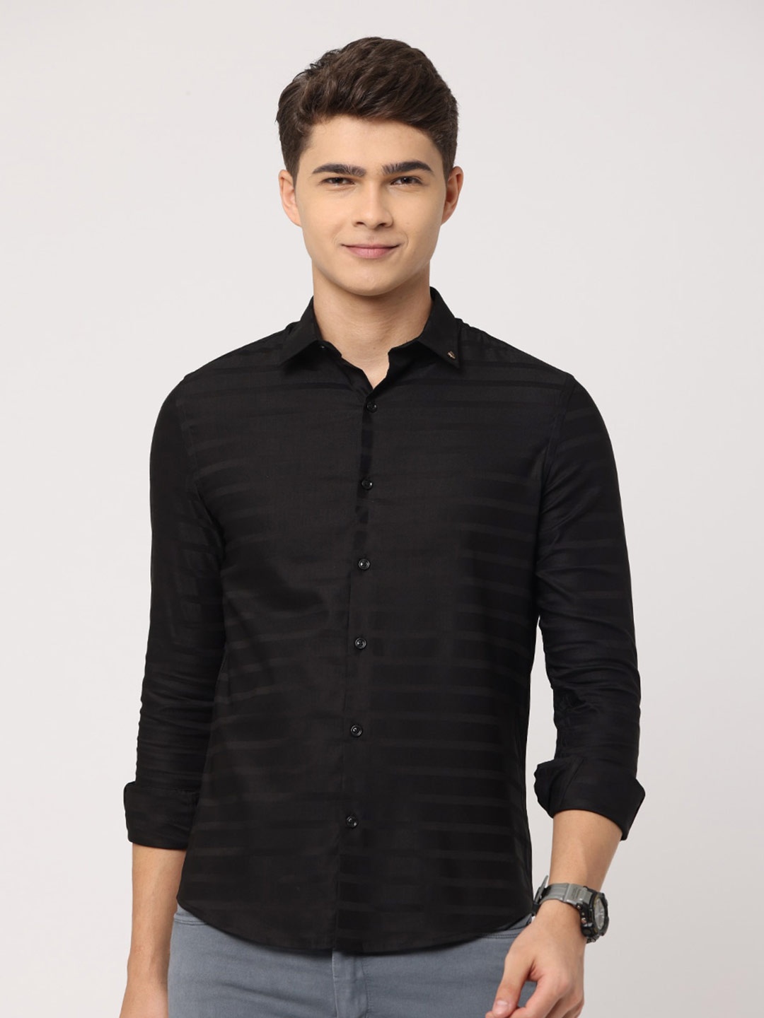 

FLY 69 Premium Slim Fit Horizontal Striped Pure Cotton Casual Shirt, Black