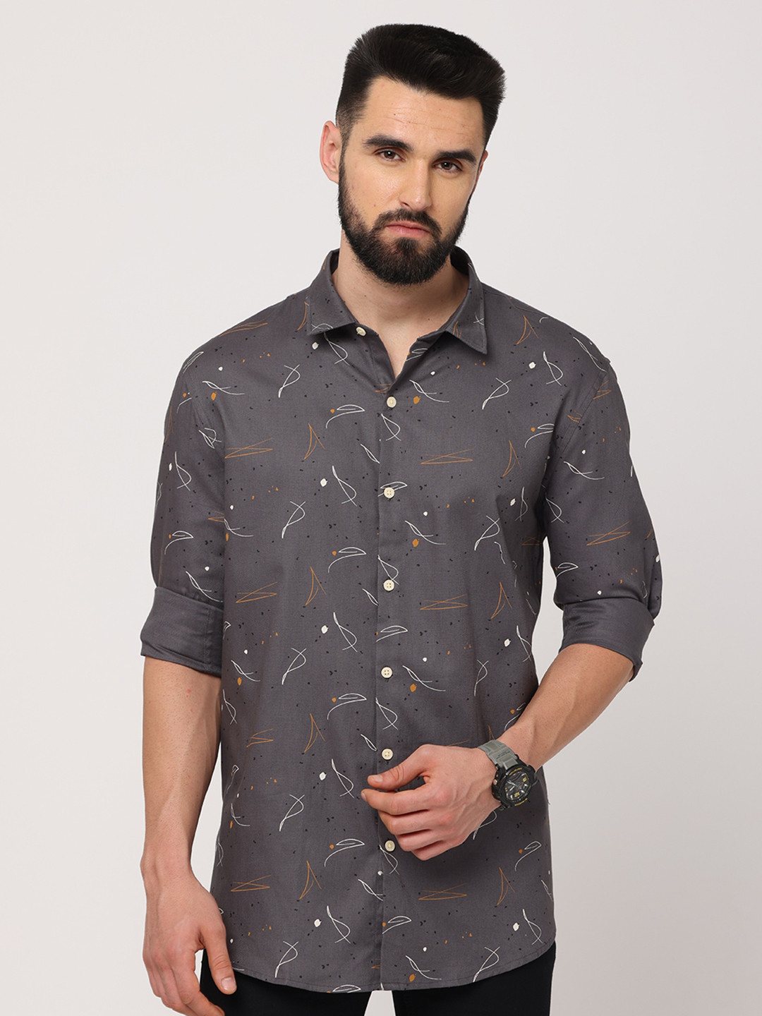

FLY 69 Premium Abstract Printed Slim Fit Pure Cotton Casual Shirt, Grey