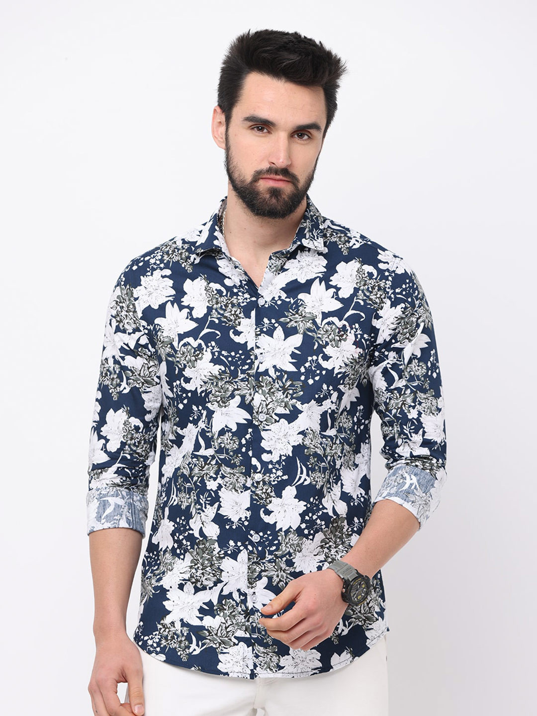 

FLY 69 Floral Printed Slim Fit Pure Cotton Casual Shirt, Blue