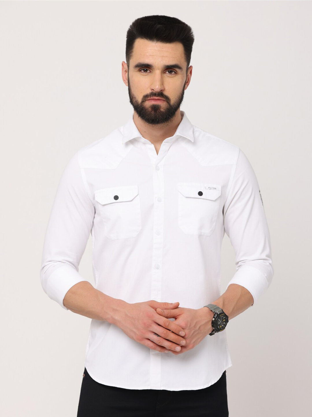 

FLY 69 Premium Slim Fit Spread Collar Pure Cotton Casual Shirt, White