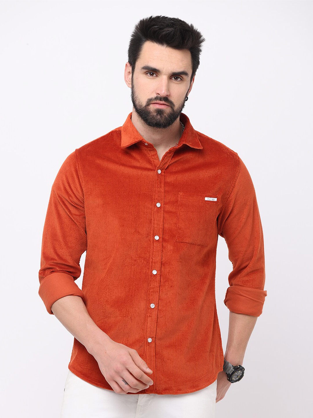 

FLY 69 Men Premium Slim Fit Corduroy Casual Shirt, Orange