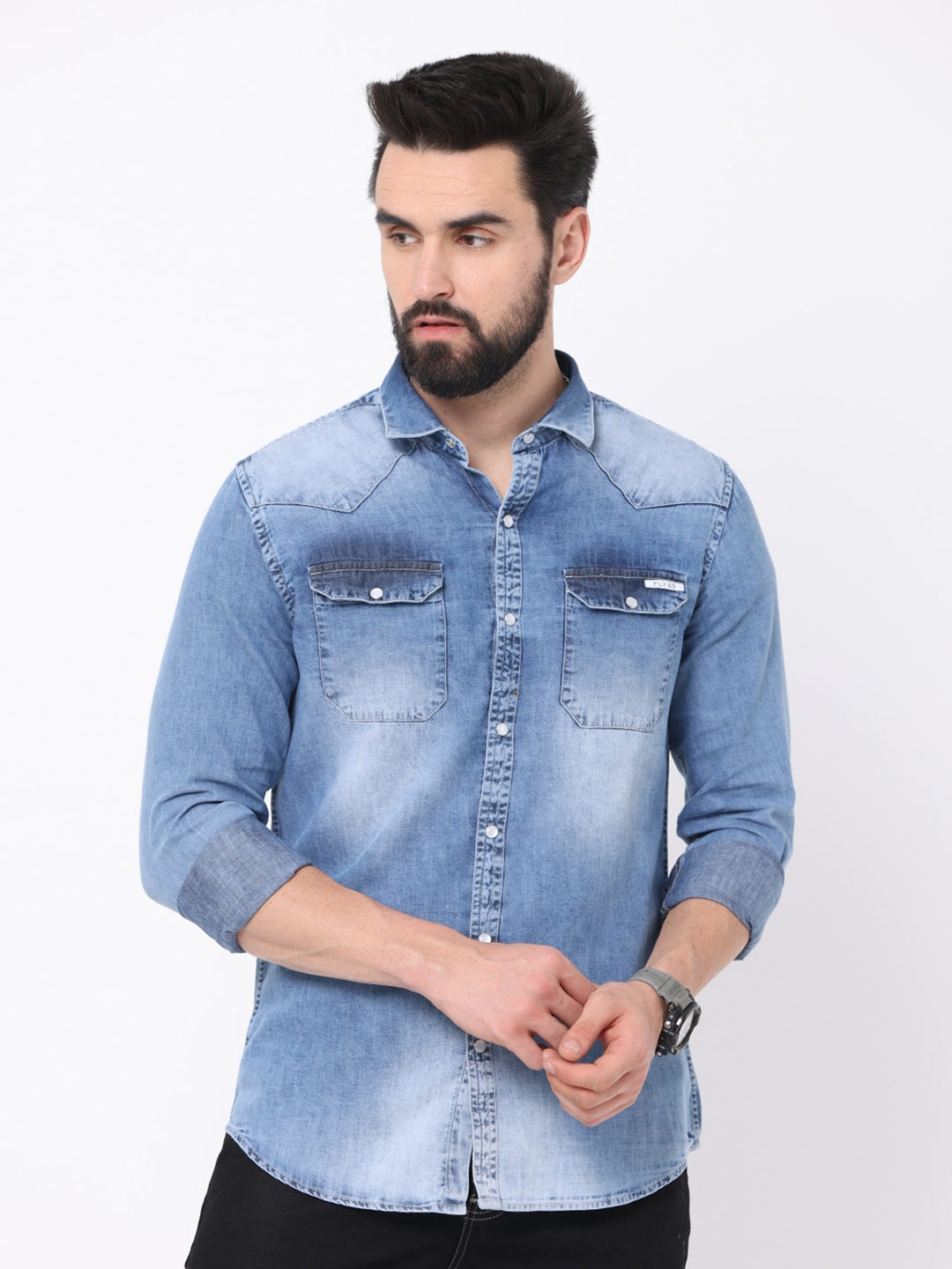 

FLY 69 Faded Premium Slim Fit Opaque Denim Casual Shirt, Blue