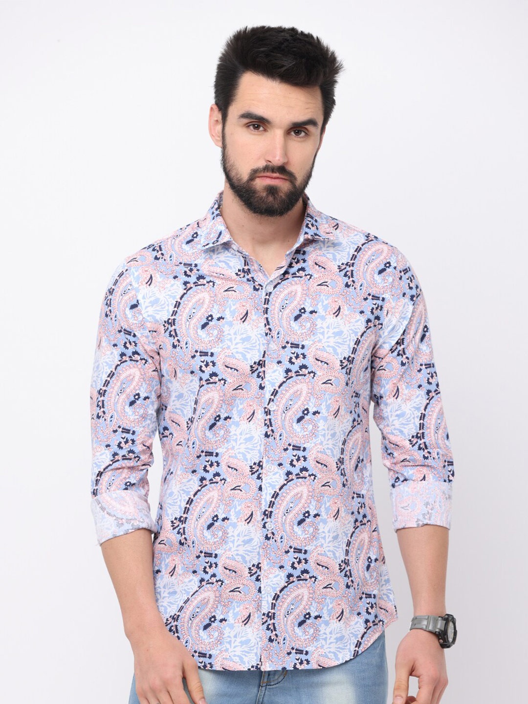 

FLY 69 Premium Slim Fit Ethnic Motifs Printed Cotton Casual Shirt, Blue