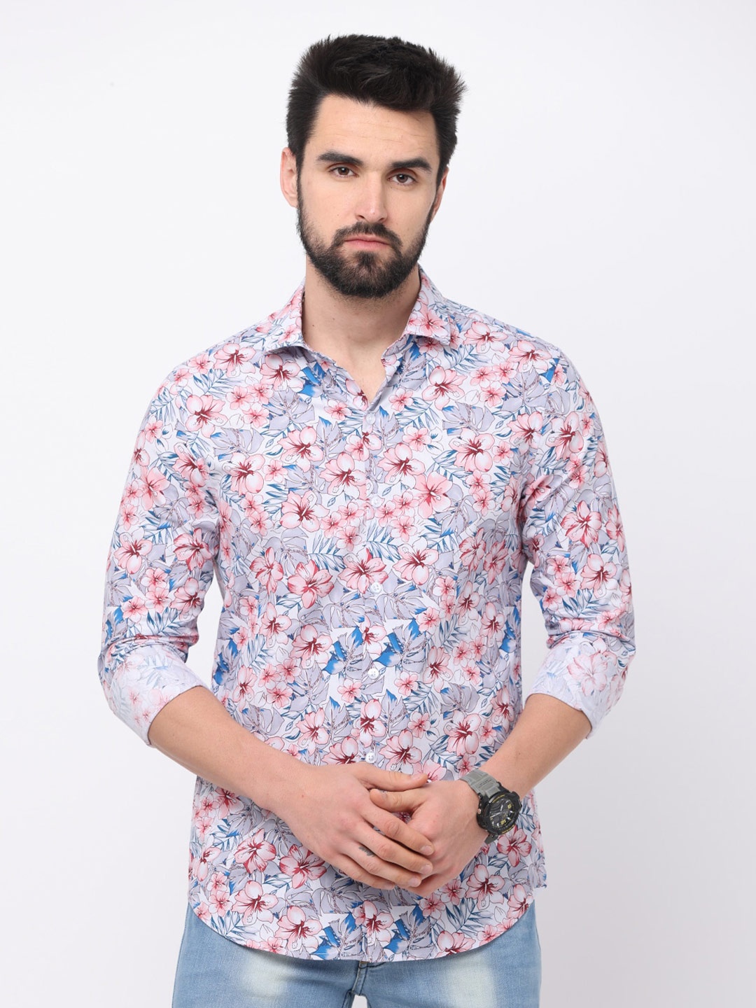 

FLY 69 Premium Slim Fit Floral Printed Pure Cotton Casual Shirt, Grey