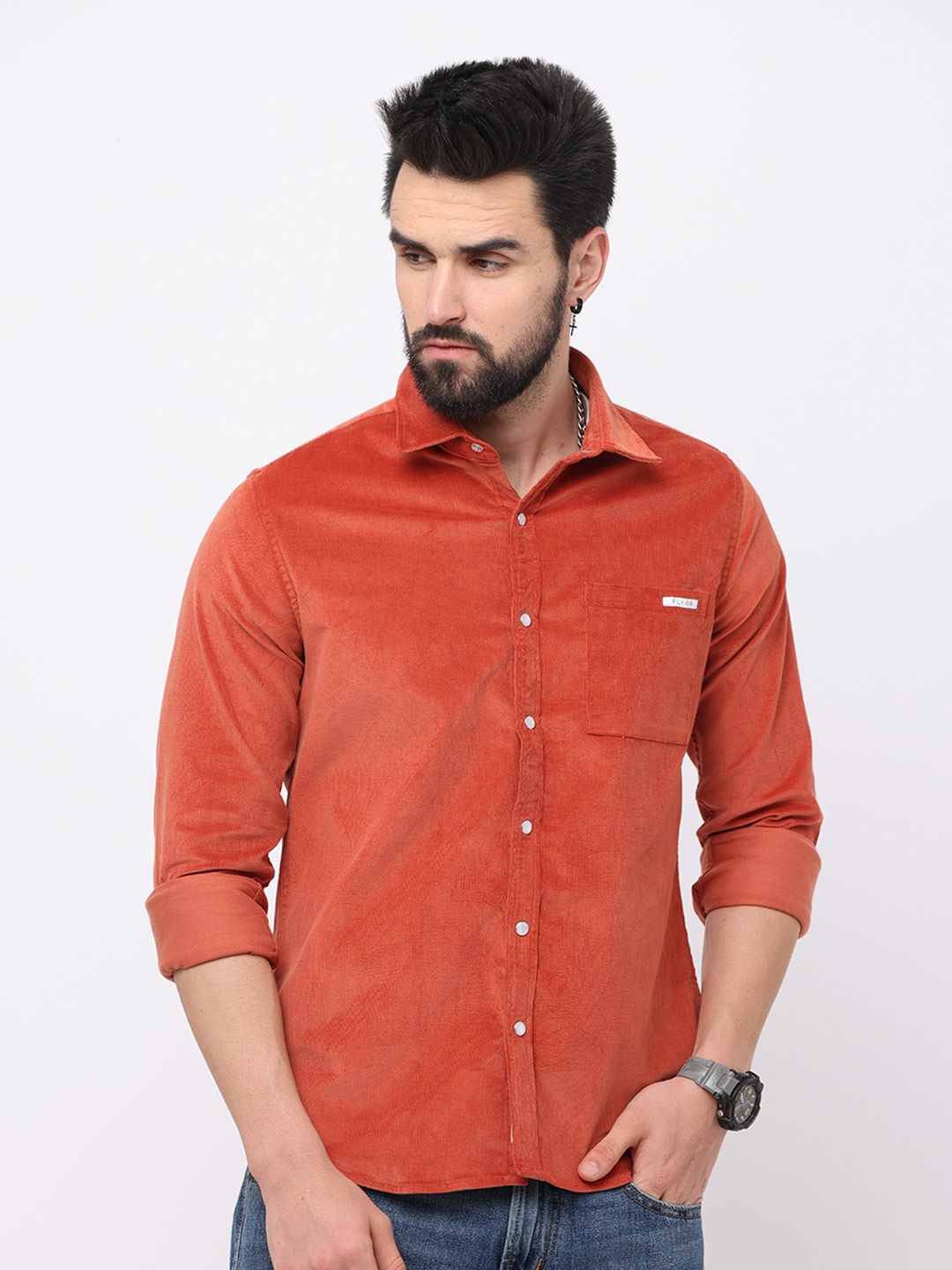 

FLY 69 Premium Slim Fit Corduroy Casual Shirt, Orange