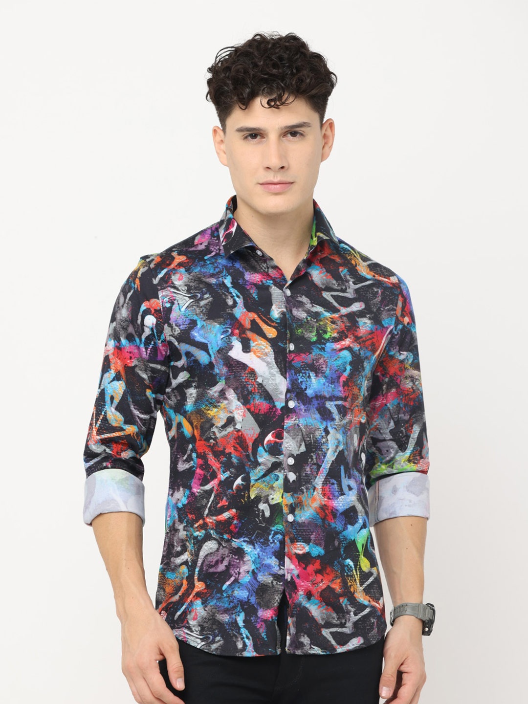 

FLY 69 Premium Slim Fit Abstract Printed Cotton Casual Shirt, Black