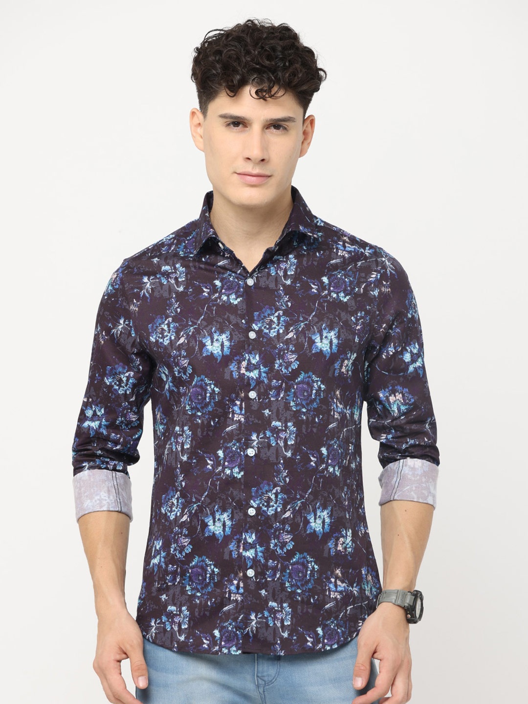 

FLY 69 Premium Slim Fit Floral Printed Spread Collar Long Sleeve Cotton Casual Shirt, Brown