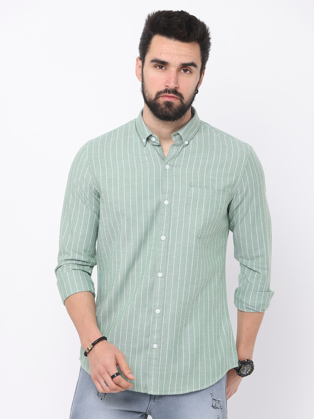 

FLY 69 Premium Slim Fit Button Down Collar Striped Cotton Casual Shirt, Green