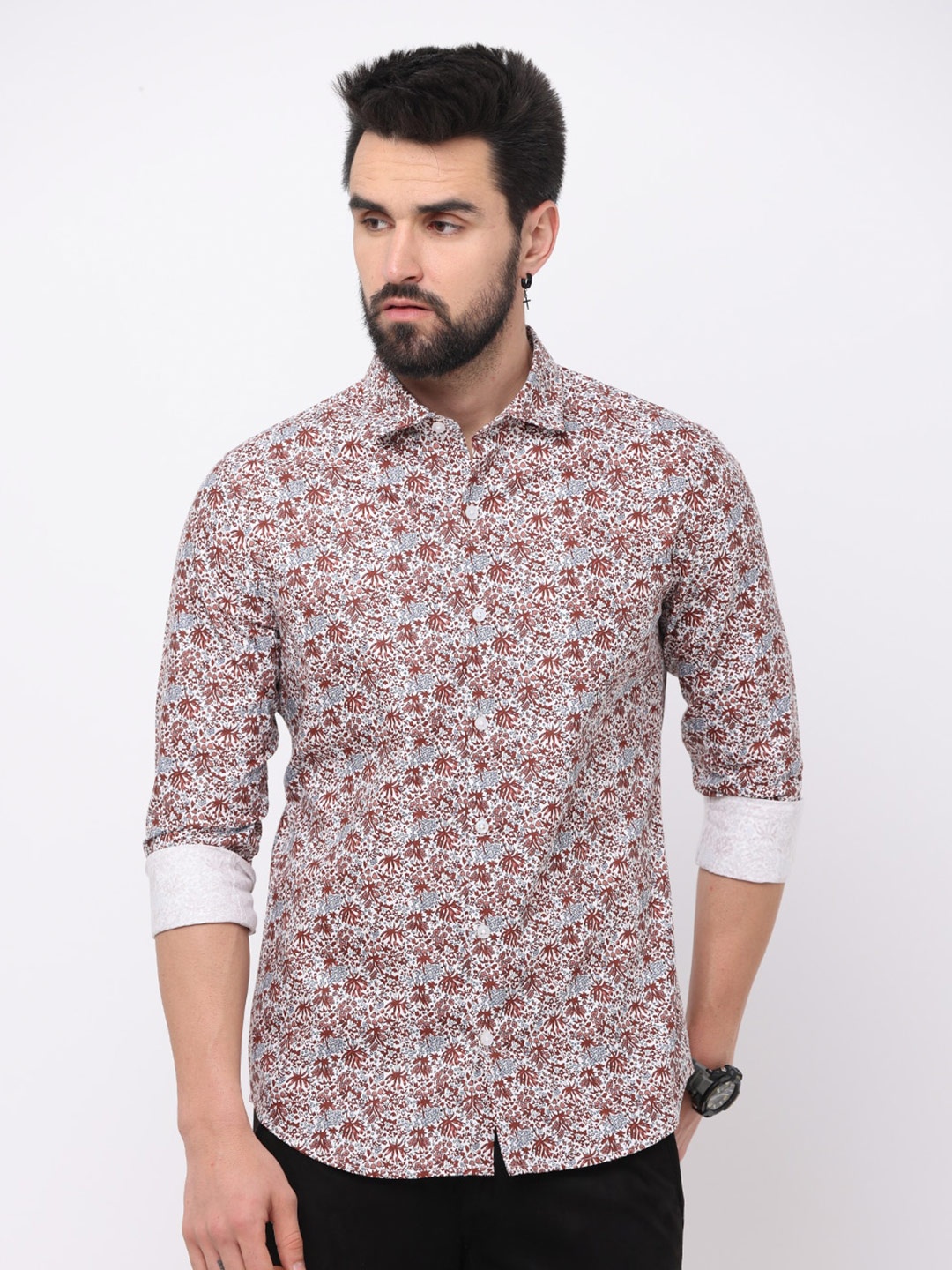 

FLY 69 Premium Slim Fit Floral Printed Pure Cotton Casual Shirt, Brown