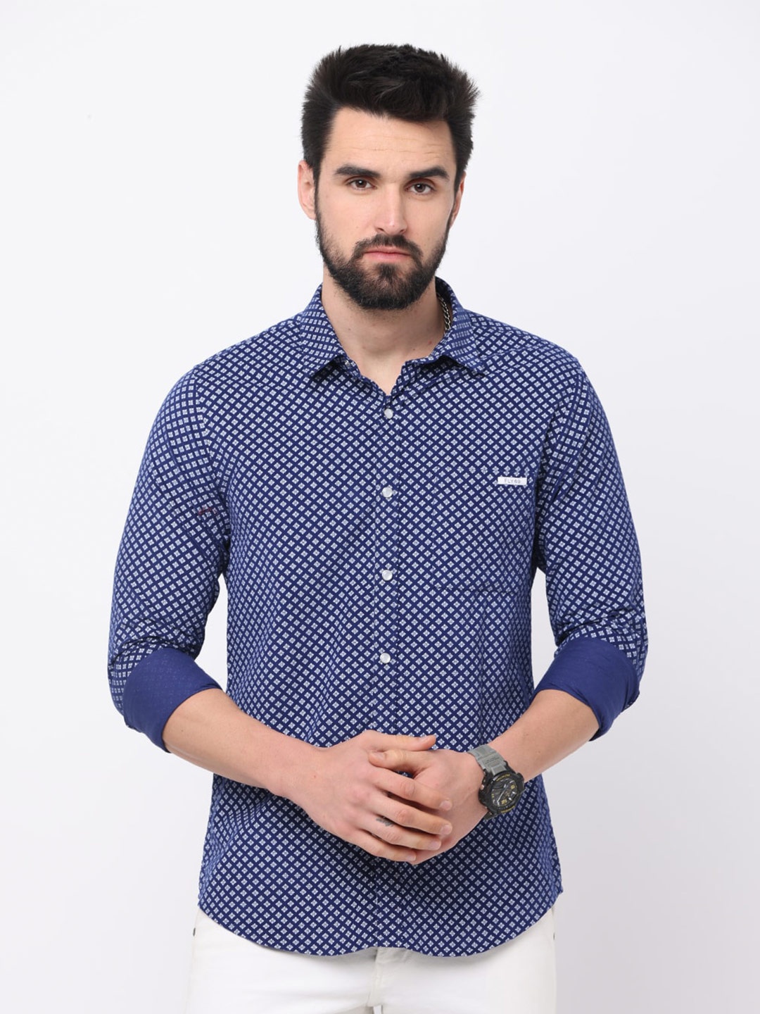 

FLY 69 Premium Slim Fit Geometric Printed Pure Cotton Casual Shirt, Blue