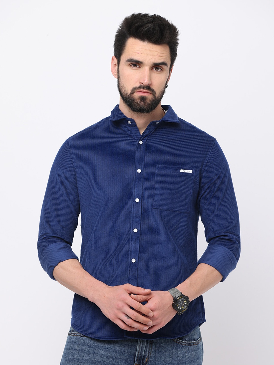 

FLY 69 Premium Slim Fit Spread Collar Long Sleeve Pocket Corduroy Casual Shirt, Blue