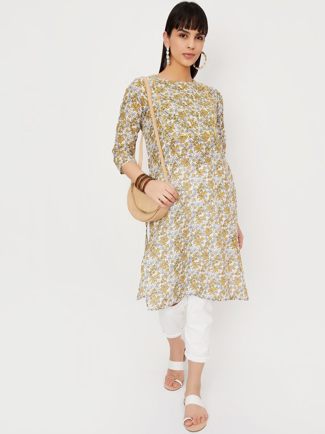 

max Floral Printed Keyhole Neck Thread Work Kurta, White