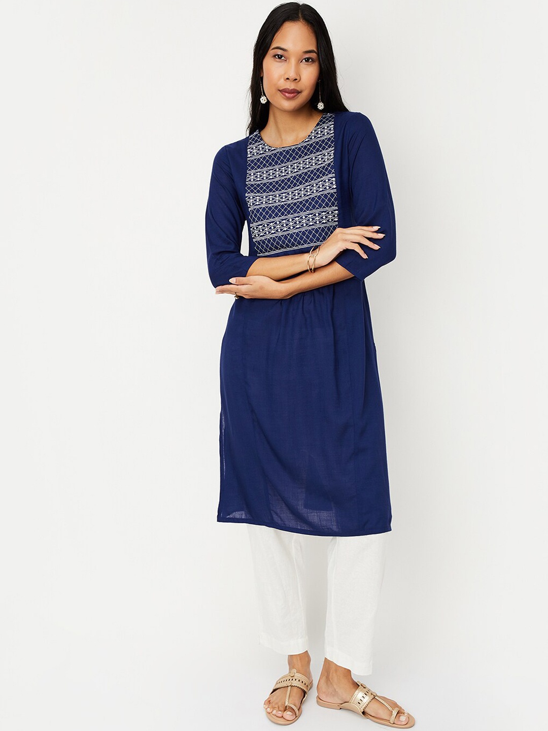 

max Ethnic Motifs Yoke Design Pleated Kurta, Blue