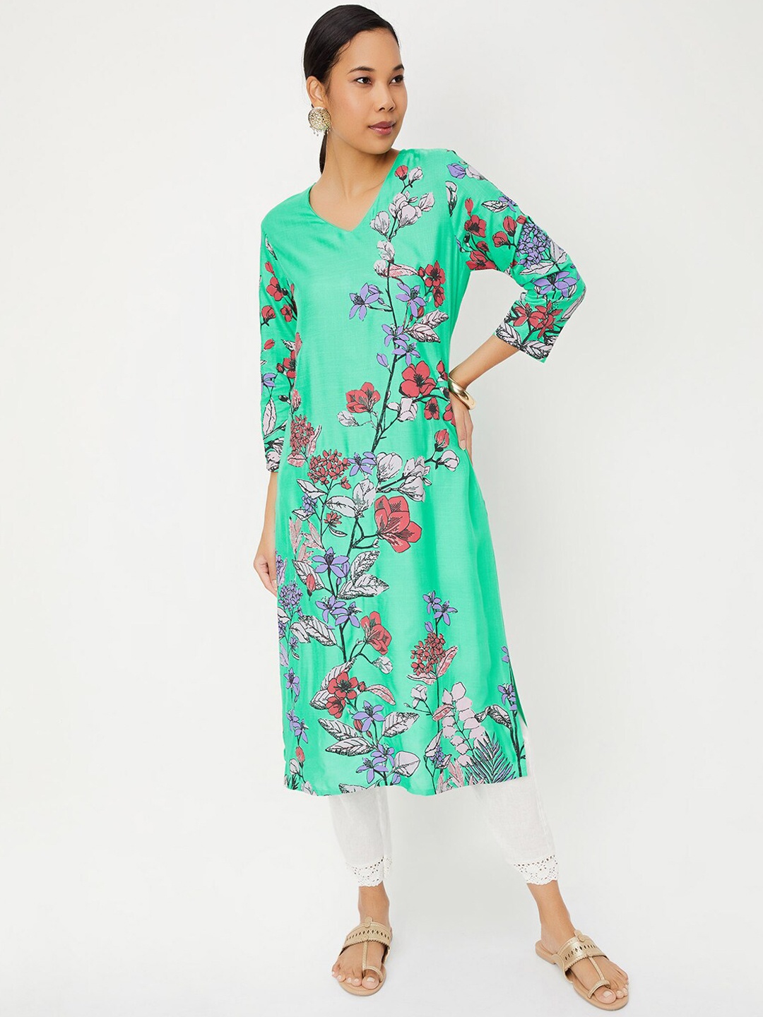 max Floral Printed V-Neck Straight Kurta, Green