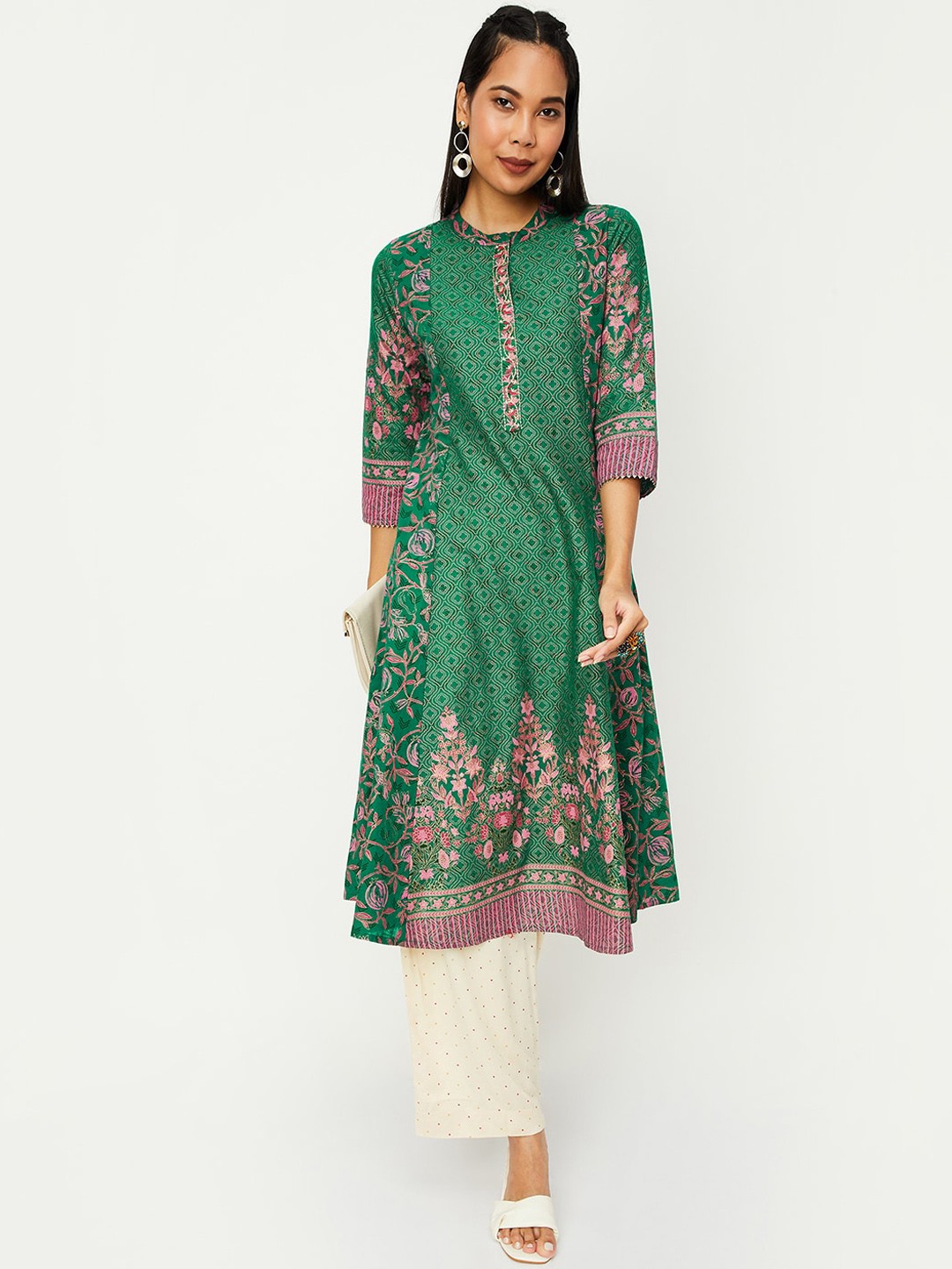 

max Floral Printed Mandarin Collar Cotton A-Line Kurta, Green
