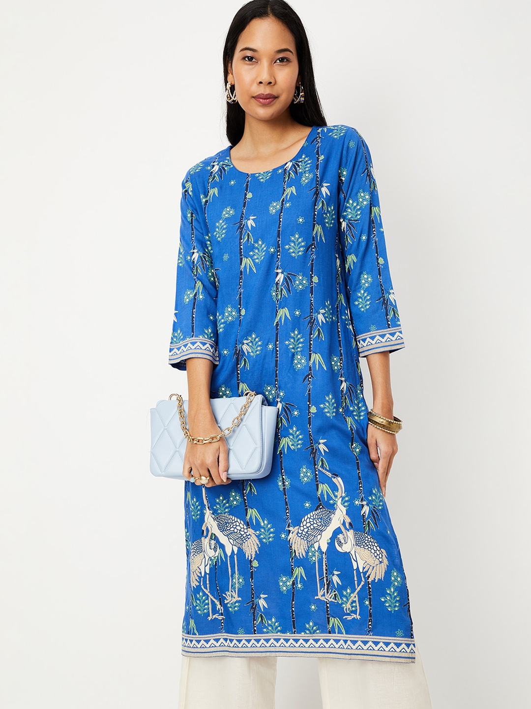 

max Ethnic Motifs Printed A-Line Kurta, Blue