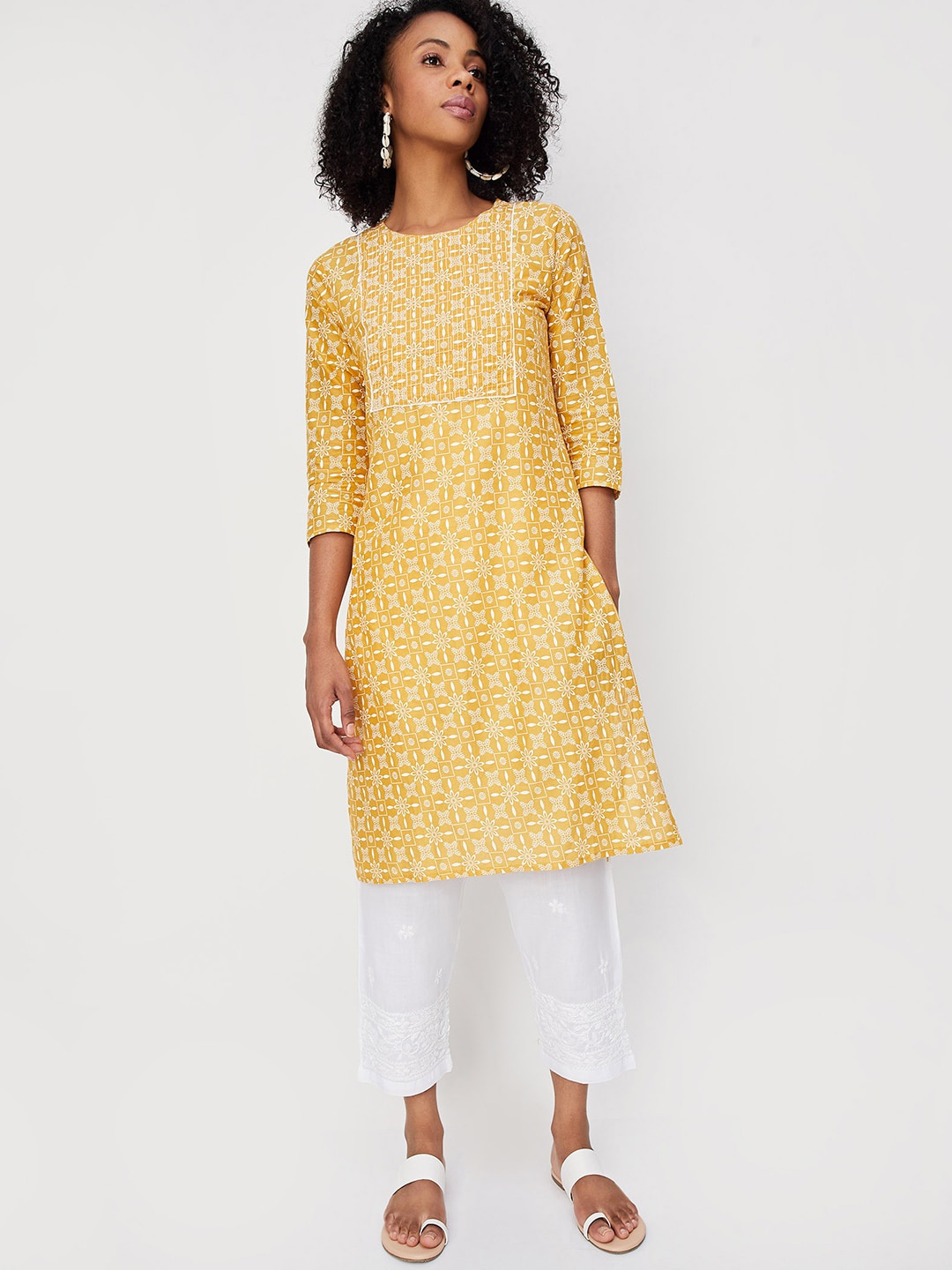 

max Ethnic Motifs Printed Cotton Kurta, Yellow