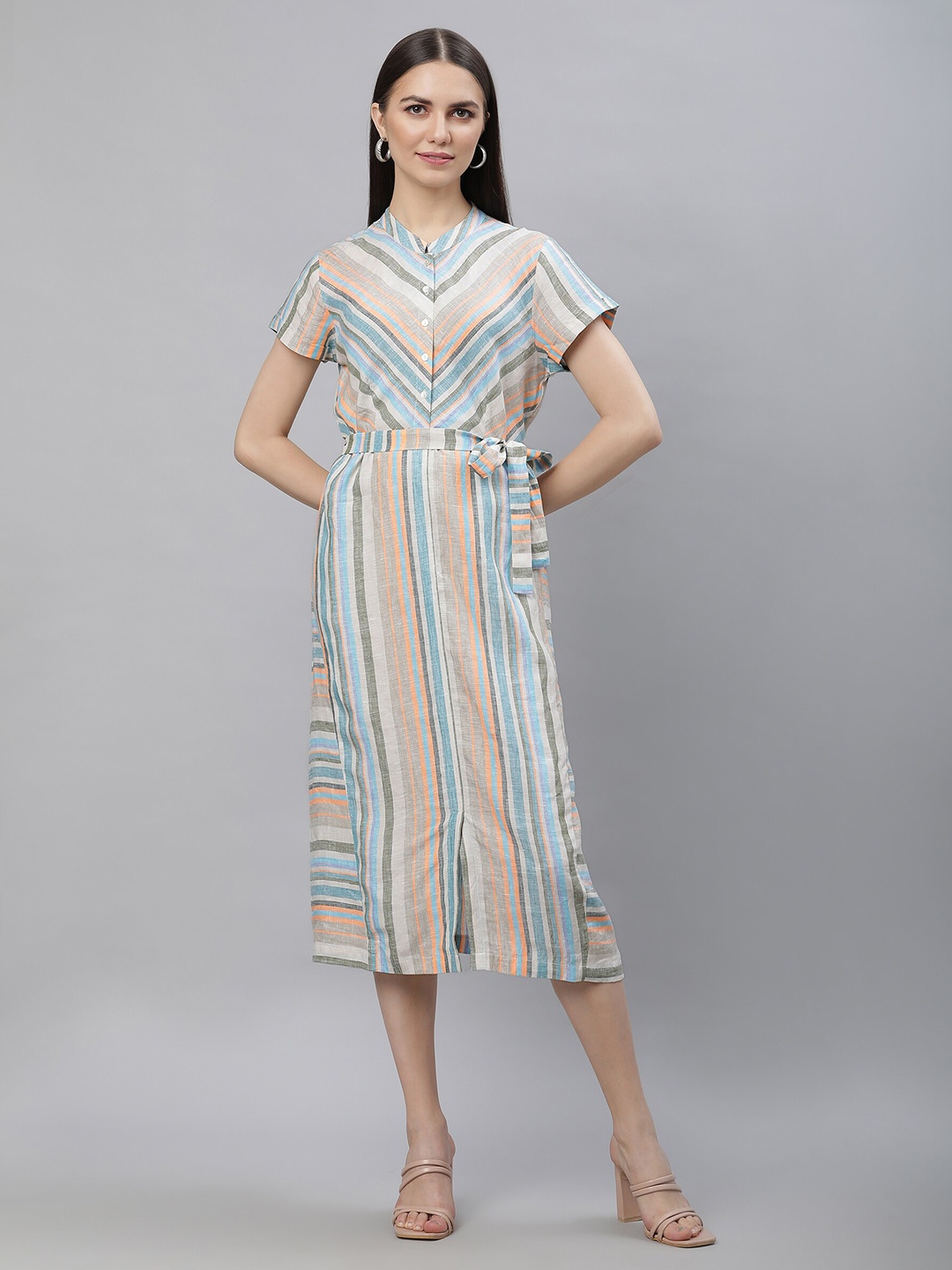 

Linen Club Woman Striped Tie Ups Pure Linen A-Line Midi Dress With Belt, Blue