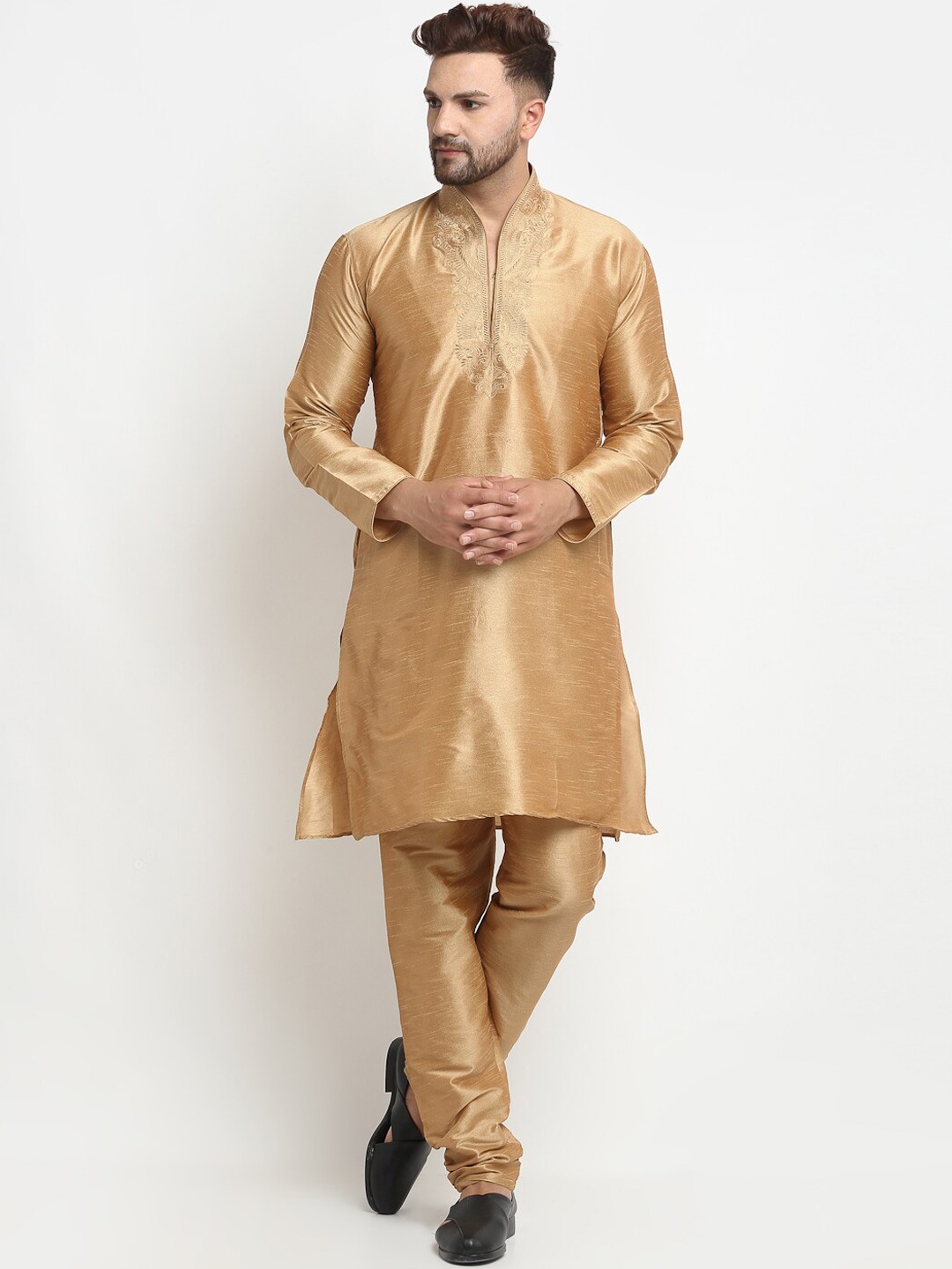 

Armaan Ethnic Ethnic Motifs Yoke Design Thread Work Dupion Silk Kurta with Churidar, Gold