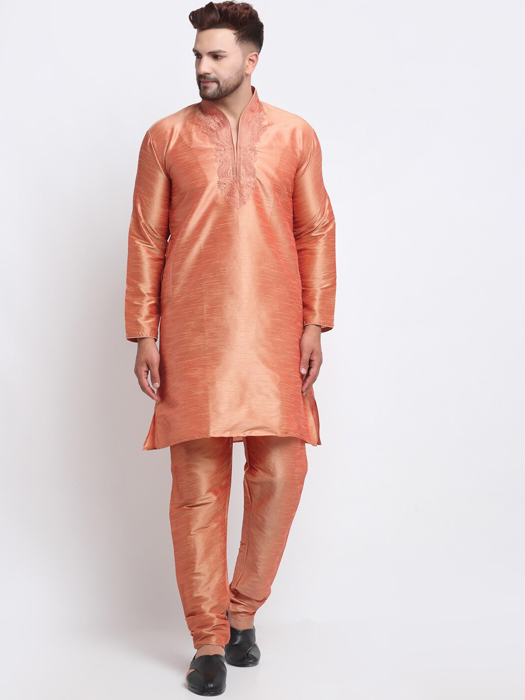 

Armaan Ethnic Ethnic Motifs Yoke Design Thread Work Dupion Silk Kurta with Churidar, Coral