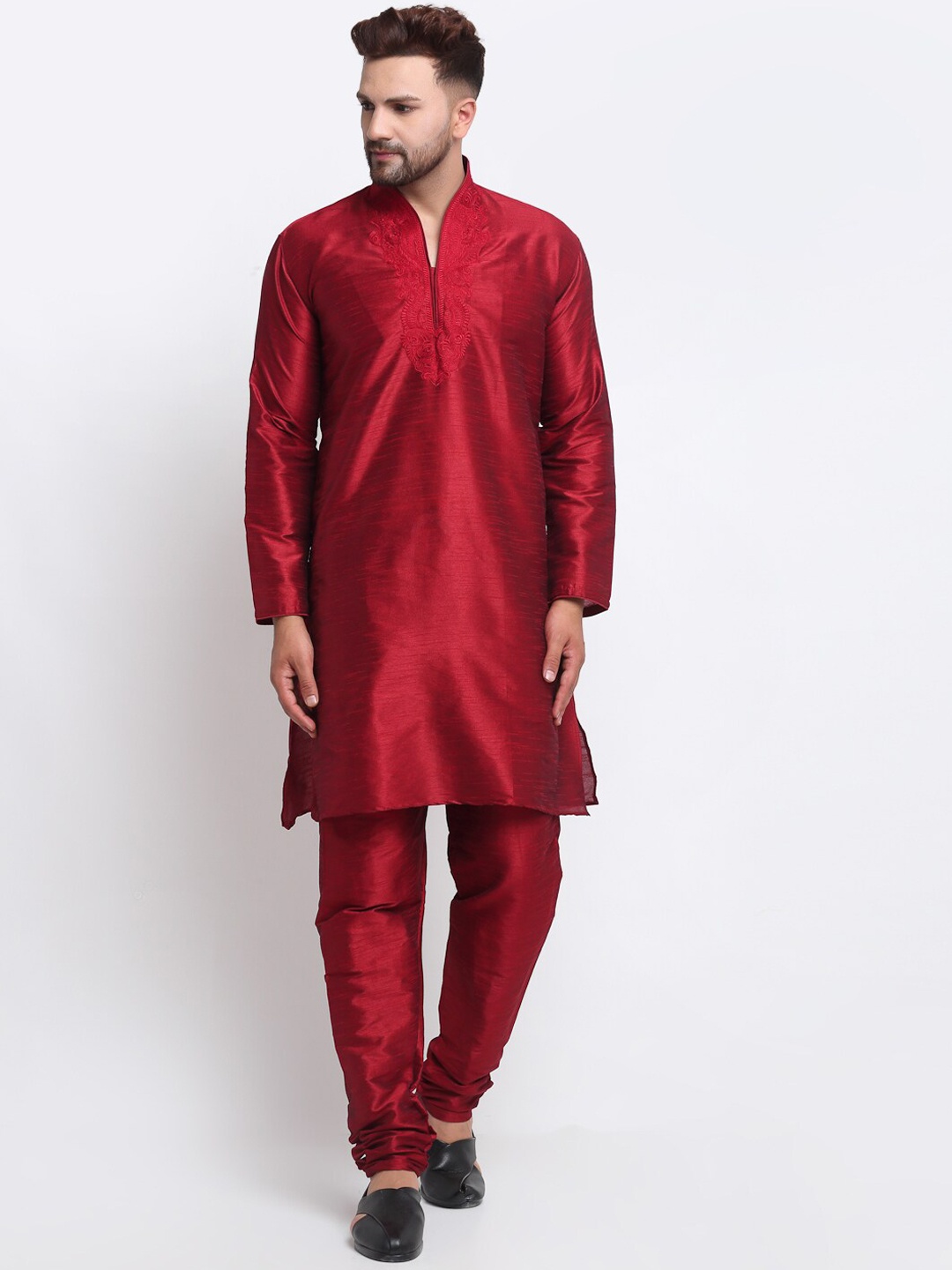 

Armaan Ethnic Floral Yoke Design Thread Work Dupion Silk Kurta with Churidar, Maroon