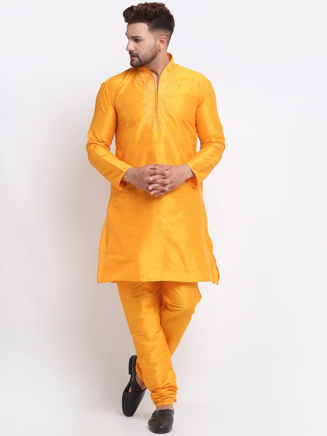 

Armaan Ethnic Floral Yoke Design Thread Work Dupion Silk Kurta with Churidar, Orange