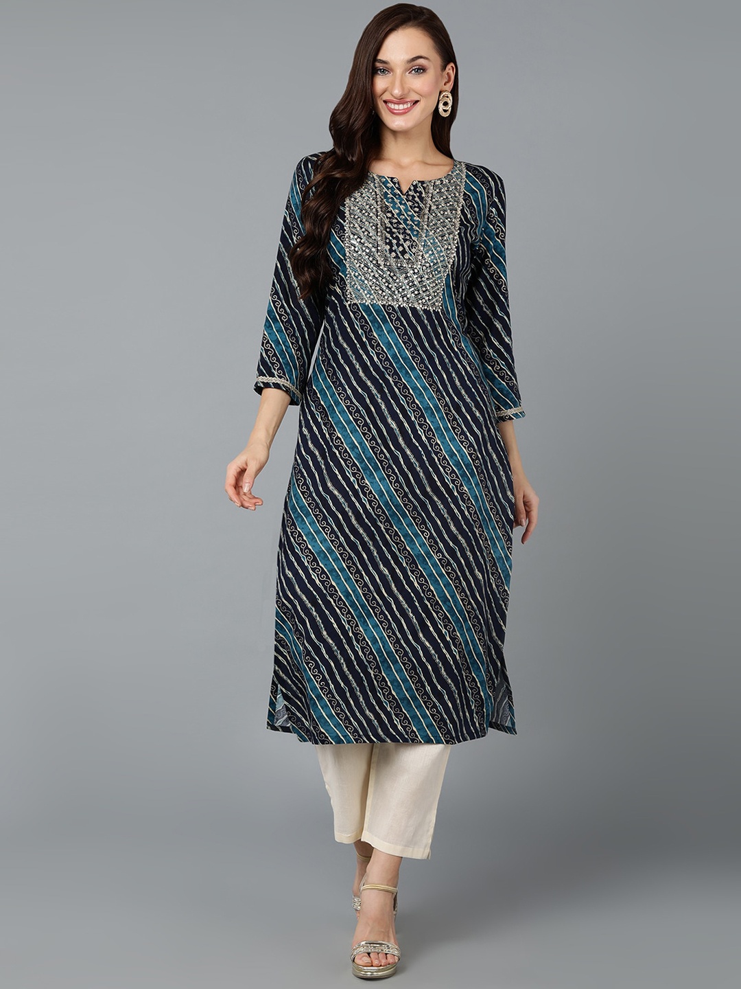 

AHIKA Leheriya Printed Thread Work Detailed Straight Kurta, Navy blue