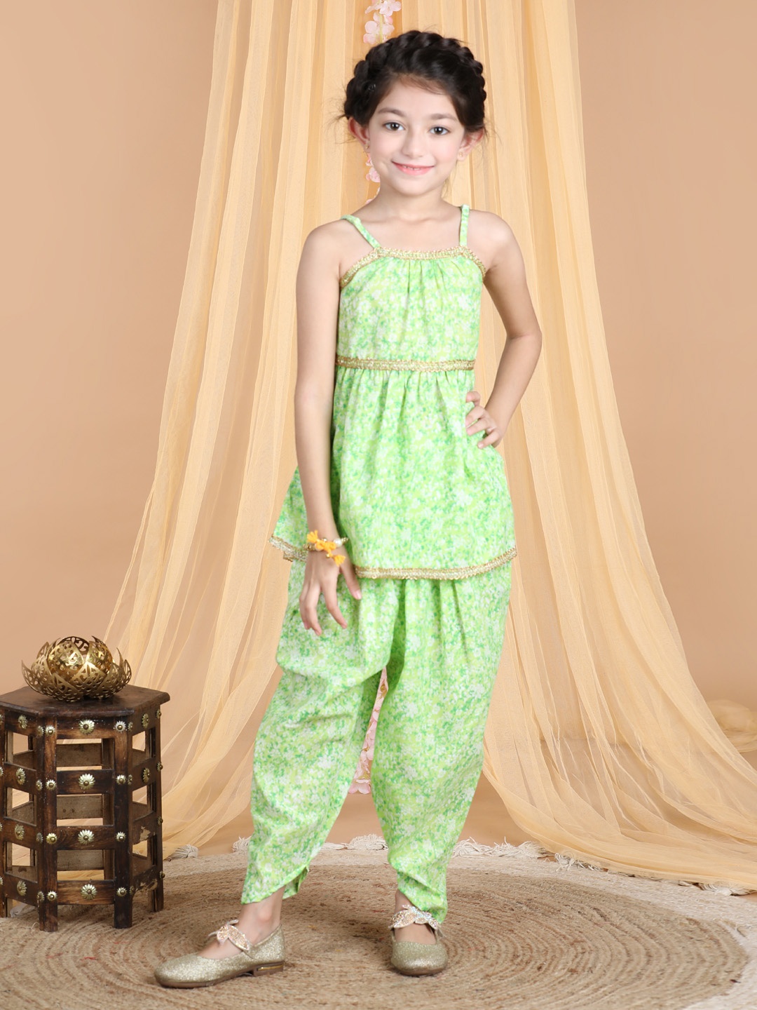 

Cutiekins Girls Floral Printed Gotta Patti A-Line Kurti With Dhoti Pants, Lime green