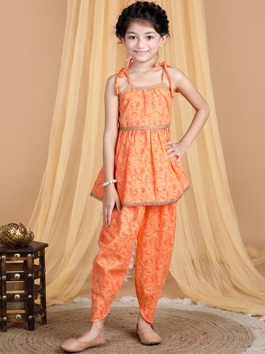 

Cutiekins Girls Ethnic Motifs Printed Gotta Patti Kurta with Dhoti Pants, Orange
