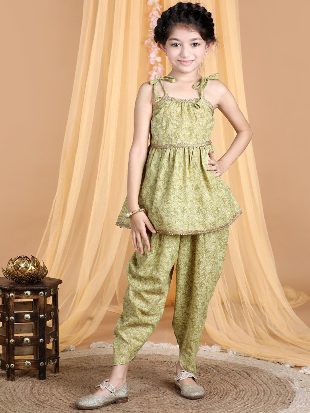 

Cutiekins Girls Ethnic Motifs Printed Gotta Patti Kurta with Dhoti Pants, Olive