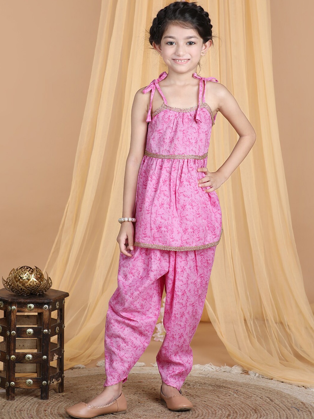 

Cutiekins Girls Ethnic Motifs Printed Gotta Patti Kurta with Dhoti Pants, Pink