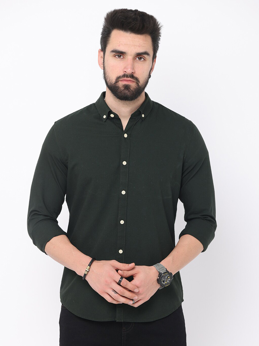 

FLY 69 Premium Slim Fit Button-Down Collar Pure Cotton Casual Shirt, Green