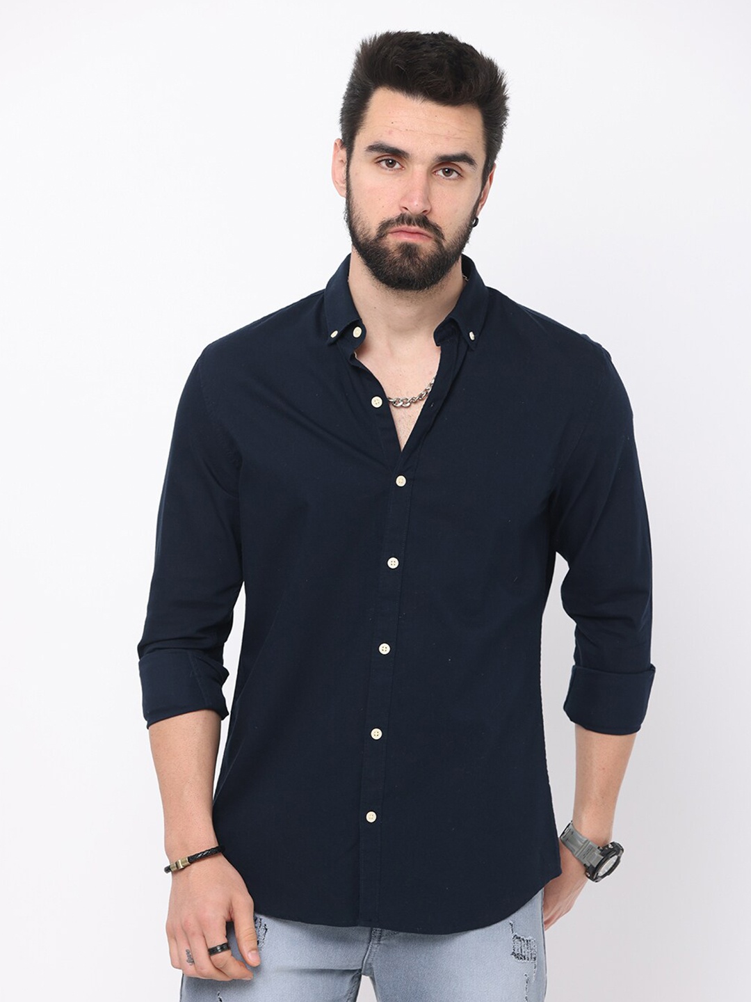 

FLY 69 Premium Slim Fit Button-Down Collar Long Sleeve Cotton Casual Shirt, Navy blue