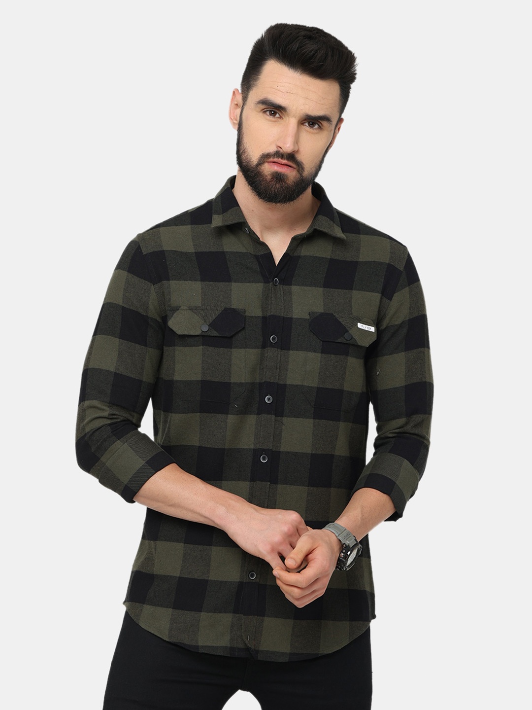 

FLY 69 Premium Slim Fit Buffalo Checked Pure Cotton Casual Shirt, Green