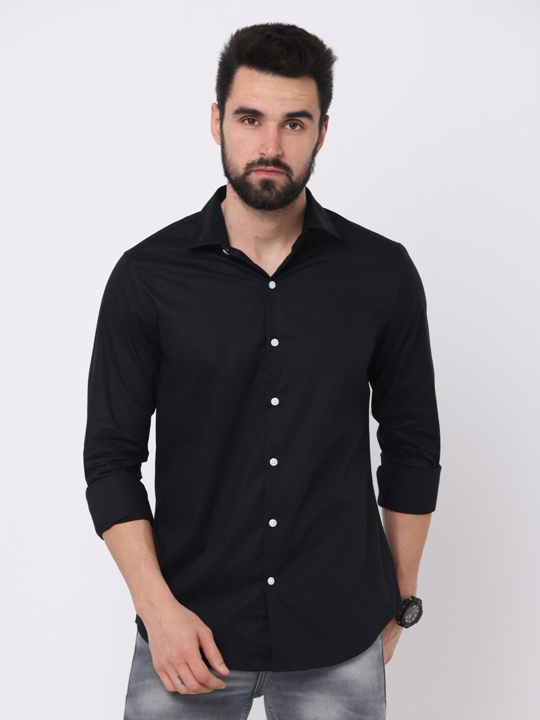 

FLY 69 Premium Slim Fit Spread Collar Long Sleeve Cotton Casual Shirt, Black