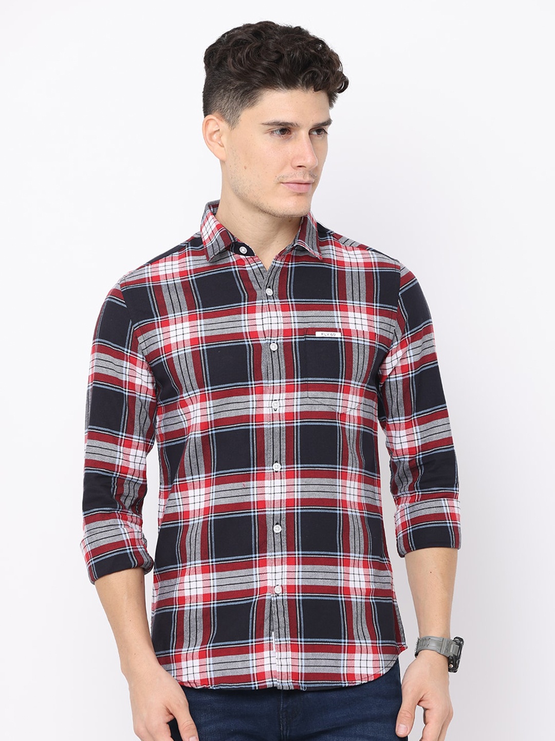 

FLY 69 Premium Slim Fit Tartan Checked Pure Cotton Casual Shirt, Red