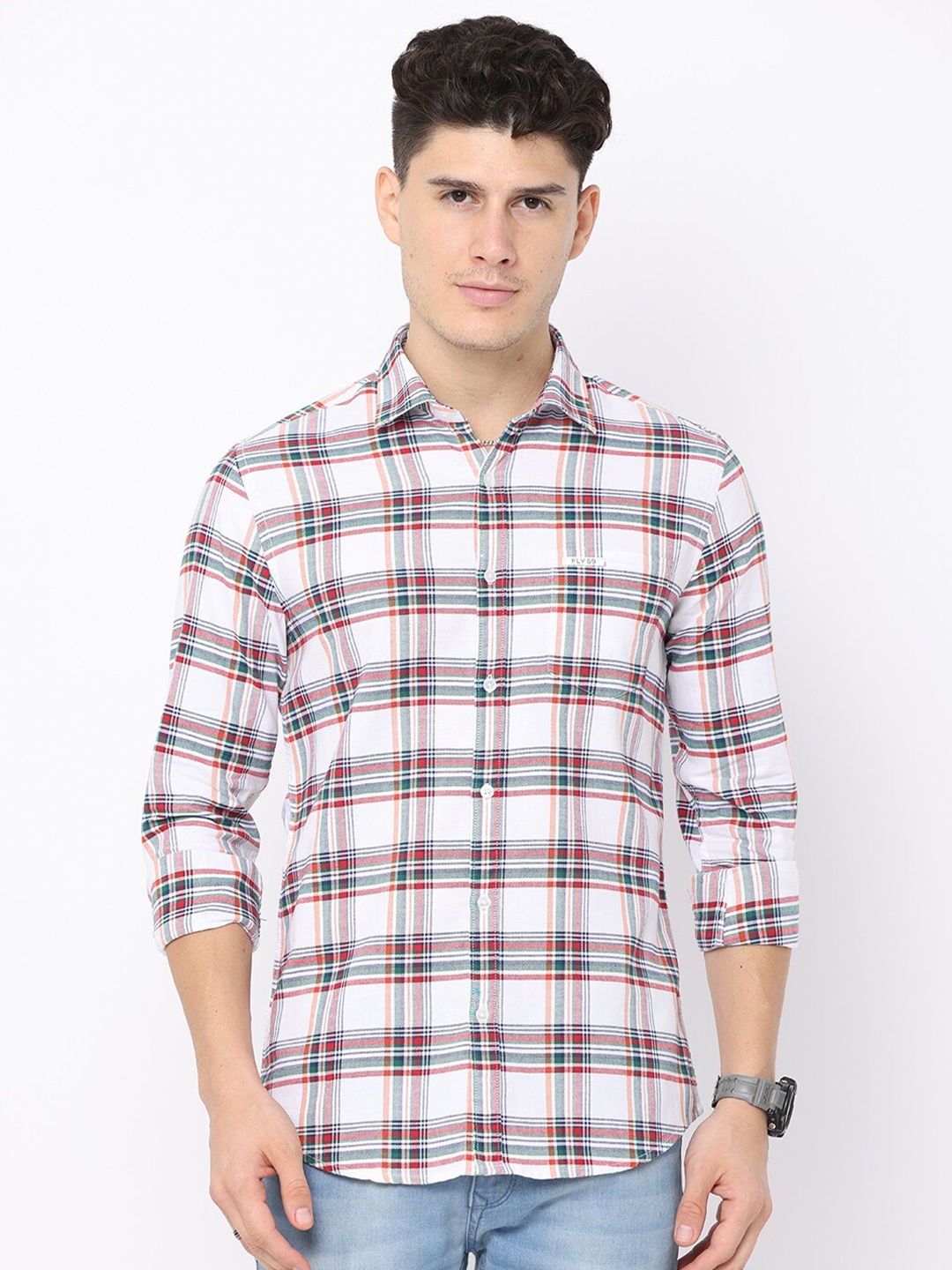

FLY 69 Premium Slim Fit Tartan Checked Casual Shirt, Off white