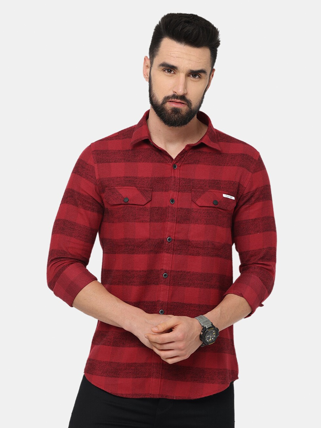 

FLY 69 Premium Slim Fit Checked Opaque Pure Cotton Casual Shirt, Red