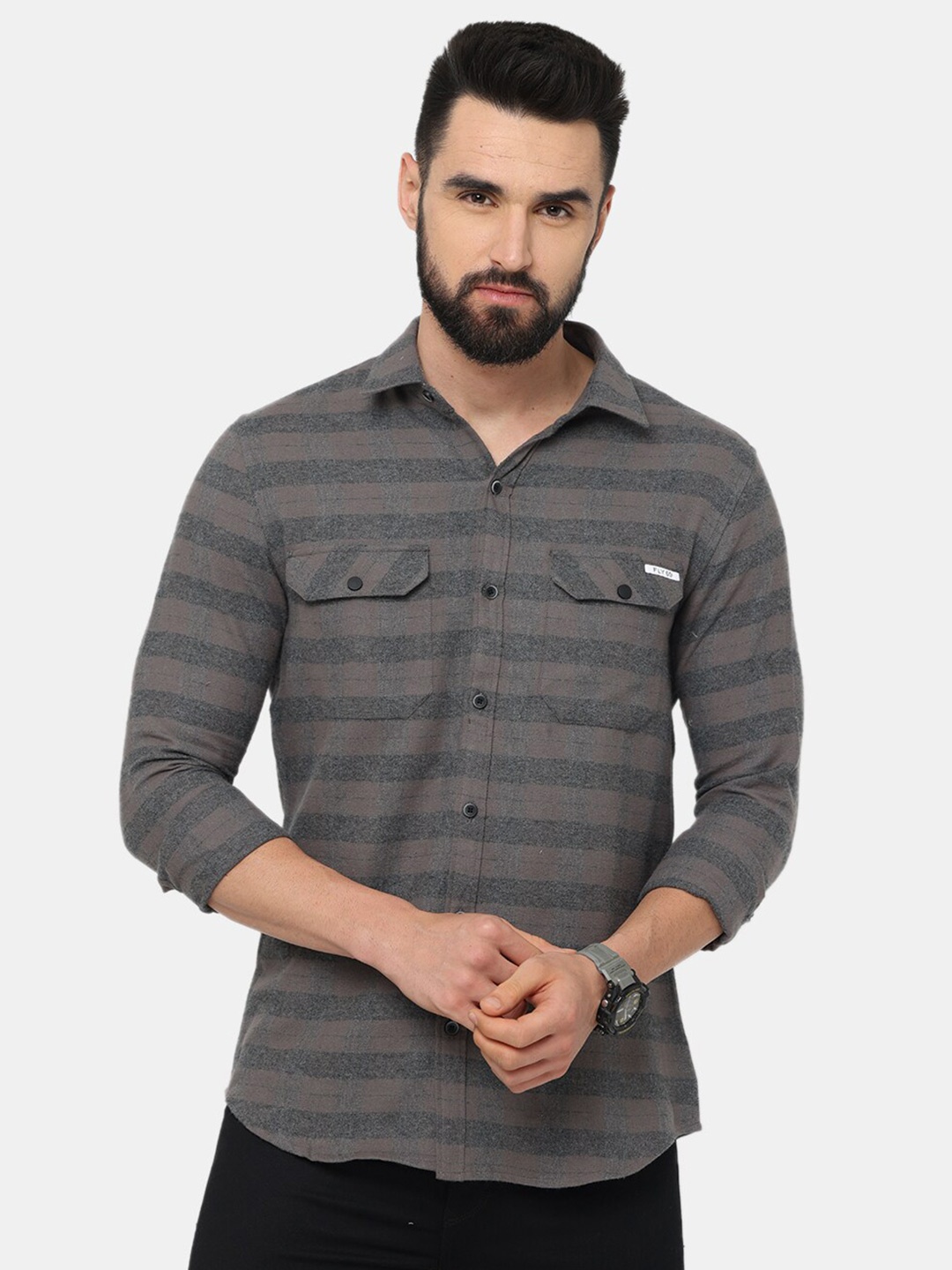 

FLY 69 Premium Slim Fit Horizontal Striped Pure Cotton Casual Shirt, Grey