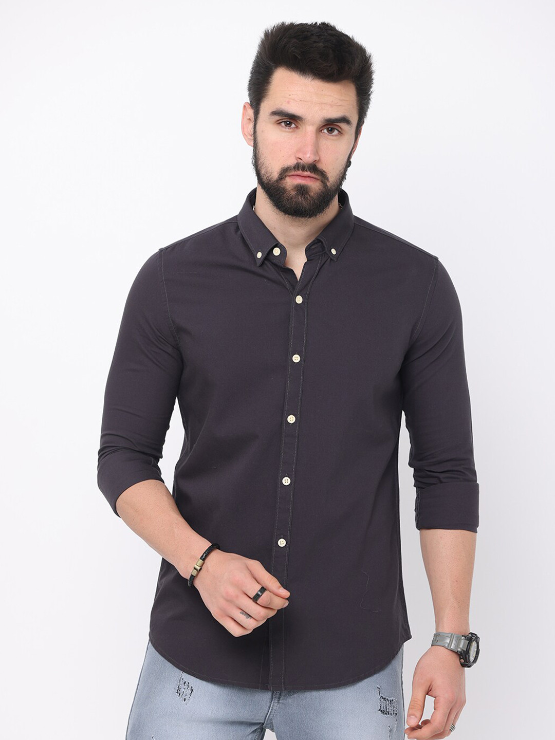 

FLY 69 Premium Slim Fit Button-Down Collar Pure Cotton Casual Shirt, Grey