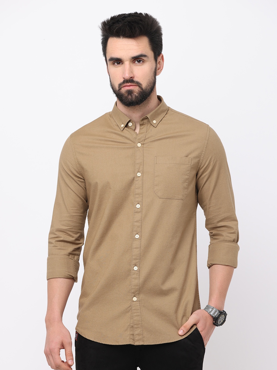 

FLY 69 Premium Slim Fit Button-Down Collar Pure Cotton Casual Shirt, Khaki