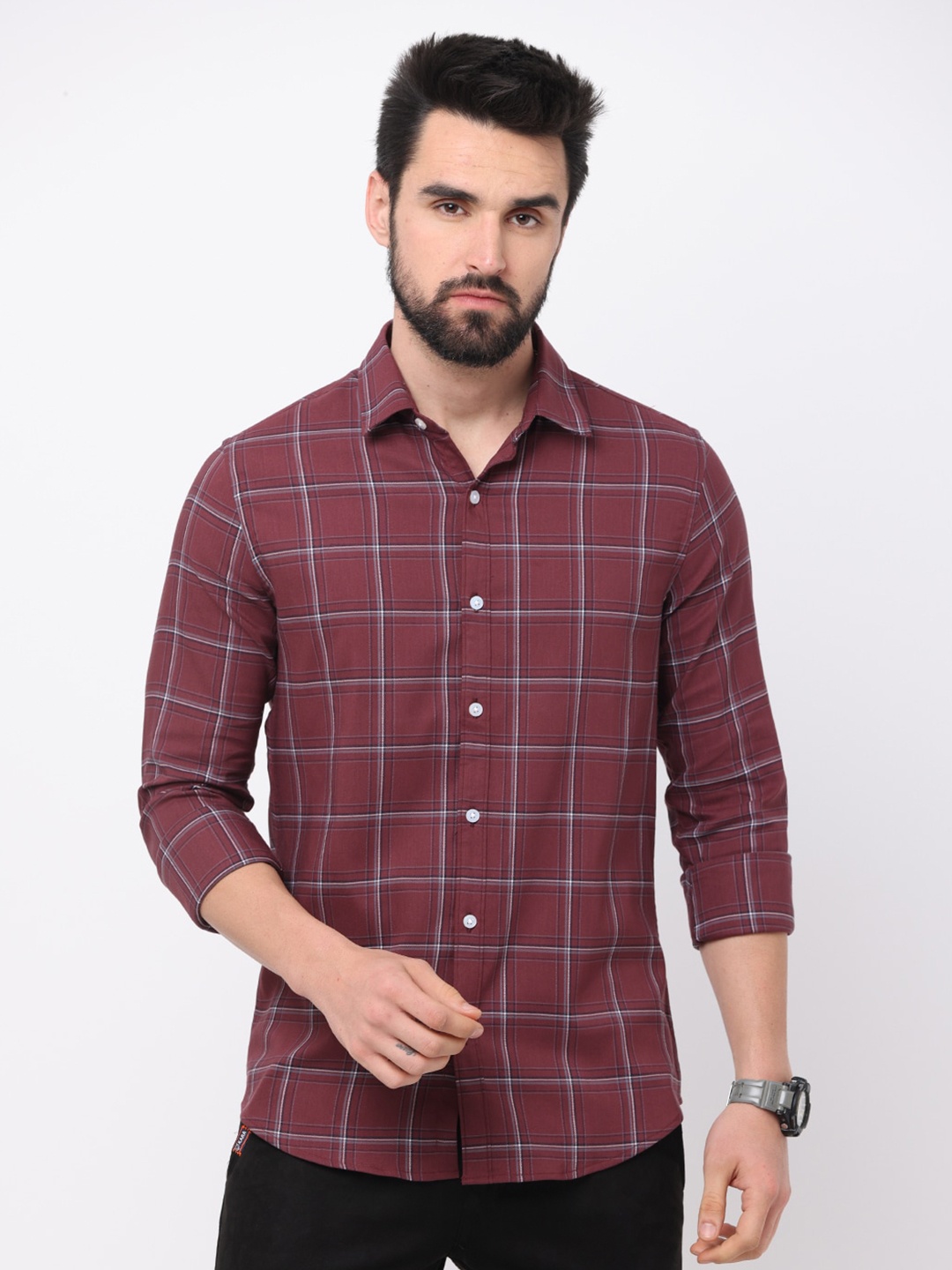 

FLY 69 Windowpane Checked Premium Slim Fit Pure Cotton Casual Shirt, Red