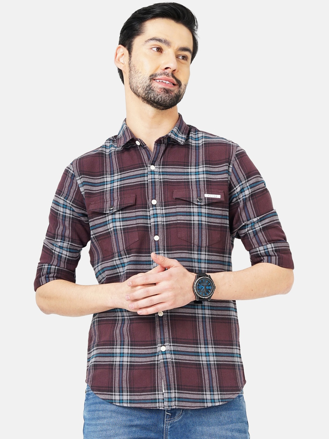 

FLY 69 Premium Slim Fit Tartan Checked Pure Cotton Casual Shirt, Brown