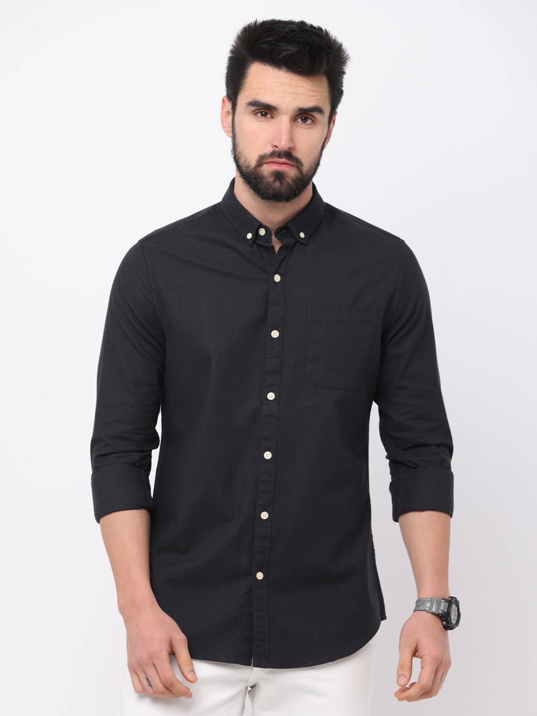 

FLY 69 Premium Button Down Collar Slim Fit Pure Cotton Casual Shirt, Black