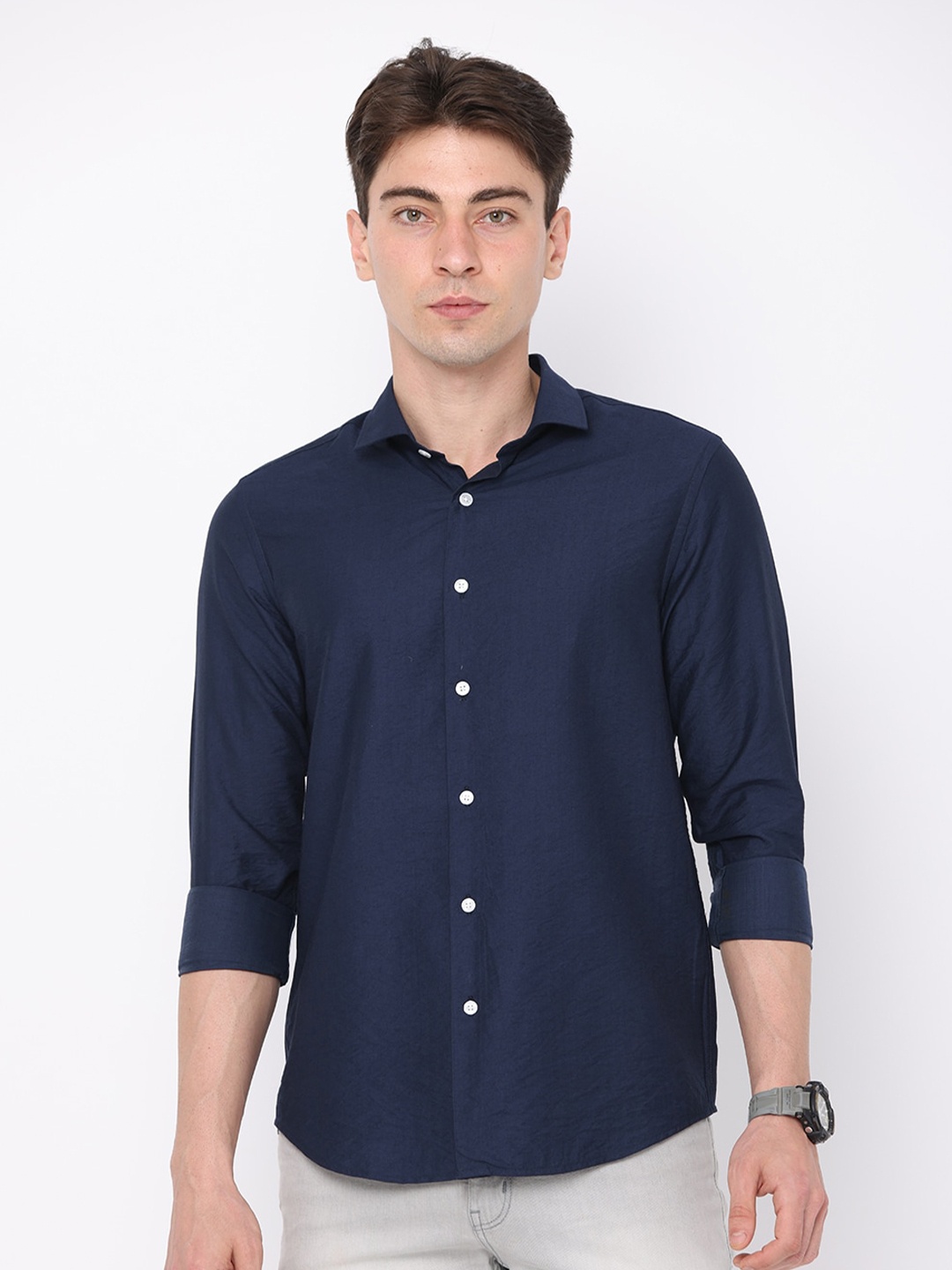 

FLY 69 Cotton Premium Slim Fit Opaque Casual Shirt, Navy blue