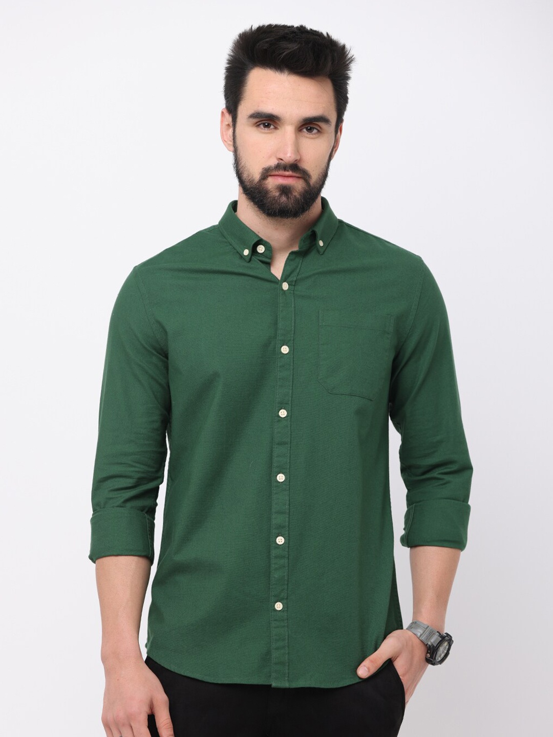 

FLY 69 Premium Button Down Collar Slim Fit Pure Cotton Casual Shirt, Green