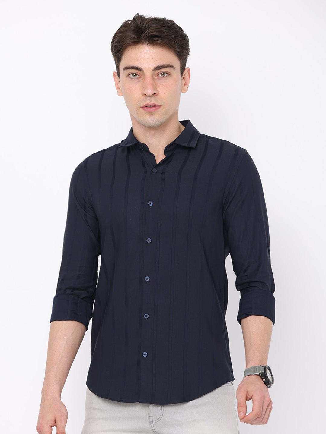

FLY 69 Premium Slim Fit Vertical Striped Pure Cotton Casual Shirt, Navy blue