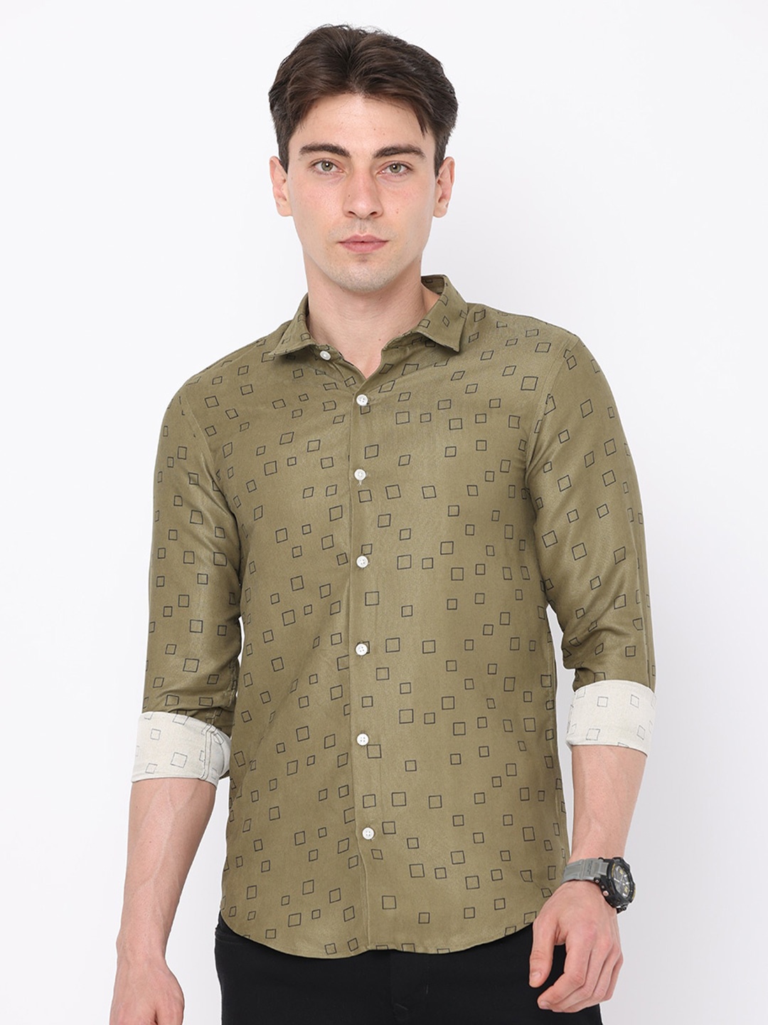 

FLY 69 Premium Geometric Printed Slim Fit Pure Cotton Casual Shirt, Green